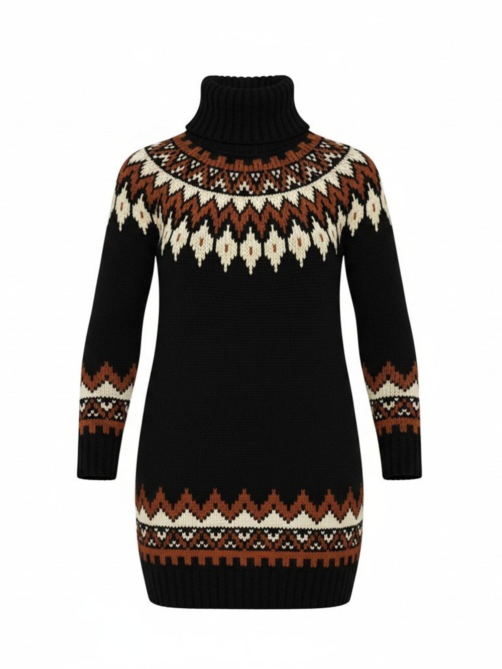 Forever 21 Black Turtleneck Fair Isle Sweater Dress with Cream & Rust Colors XS